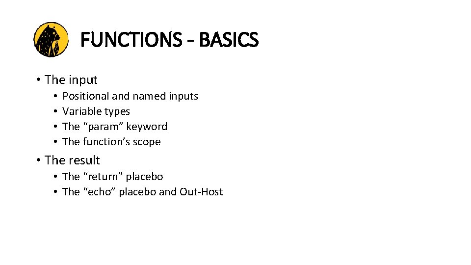 FUNCTIONS - BASICS • The input • • Positional and named inputs Variable types