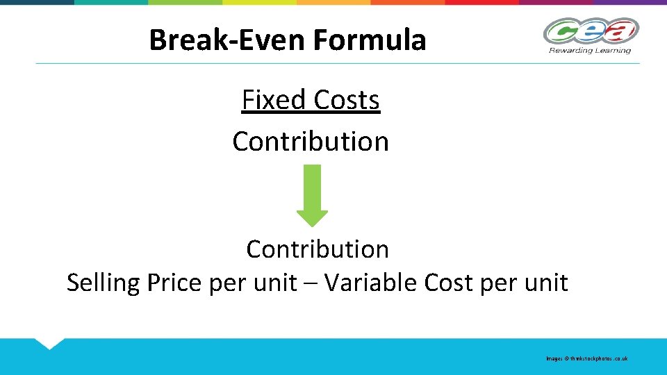 Break-Even Formula Fixed Costs Contribution Selling Price per unit – Variable Cost per unit