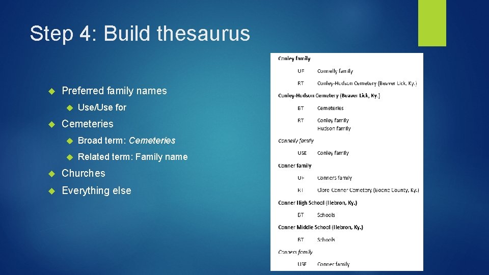Step 4: Build thesaurus Preferred family names Use/Use for Cemeteries Broad term: Cemeteries Related