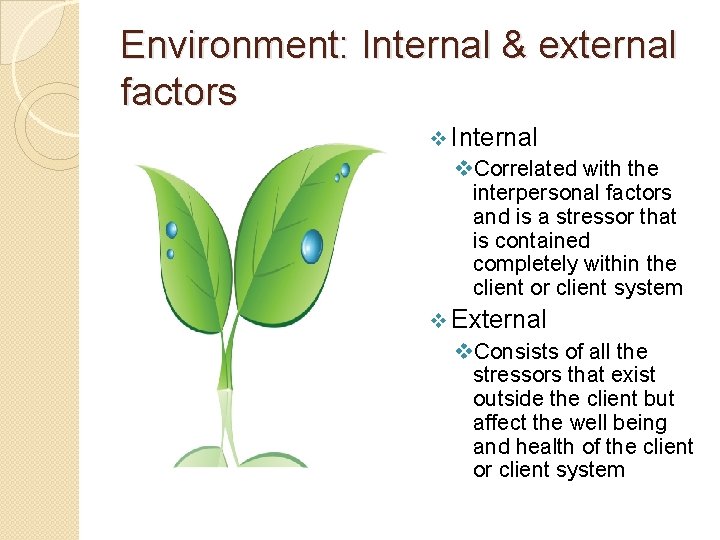 Environment: Internal & external factors v Internal v. Correlated with the interpersonal factors and