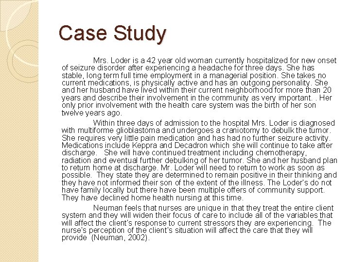 Case Study Mrs. Loder is a 42 year old woman currently hospitalized for new