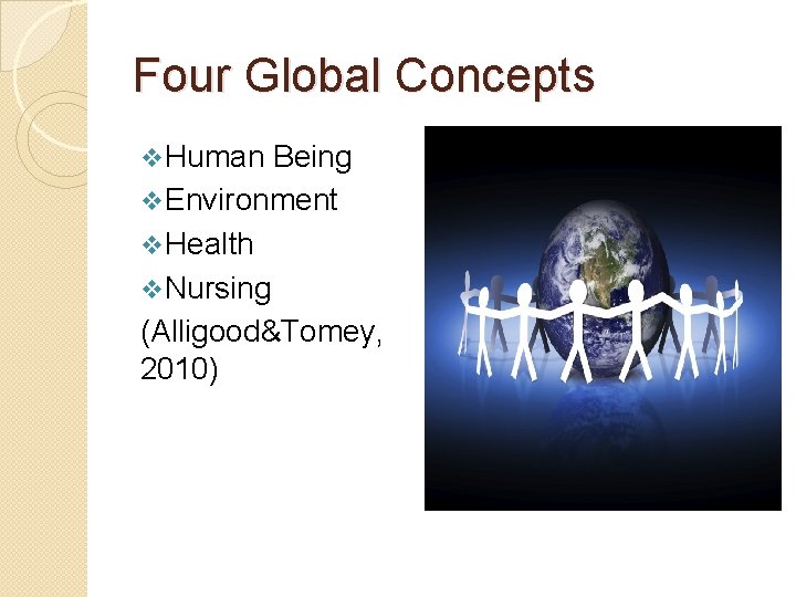 Four Global Concepts v Human Being v Environment v Health v Nursing (Alligood&Tomey, 2010)