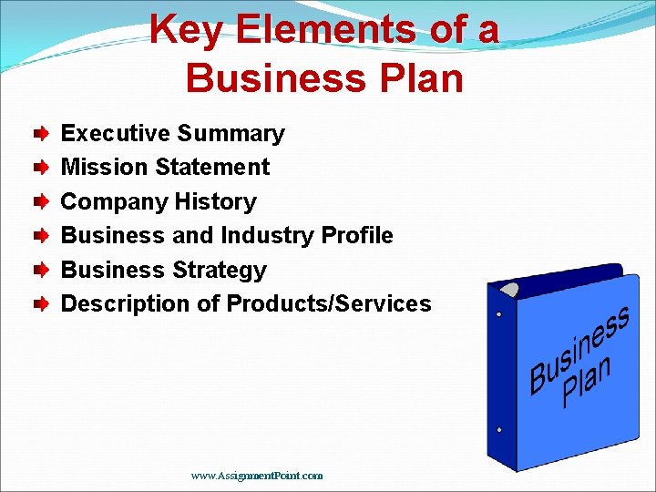Key Elements of a Business Plan Executive Summary Mission Statement Company History Business and