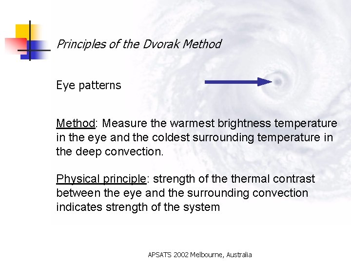 Principles of the Dvorak Method Eye patterns Method: Measure the warmest brightness temperature in