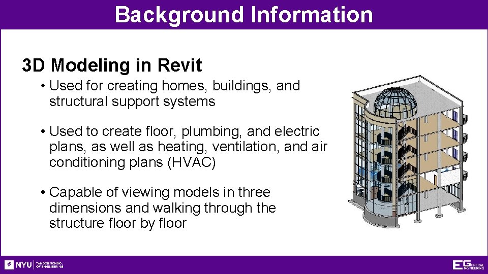 Background Information 3 D Modeling in Revit • Used for creating homes, buildings, and