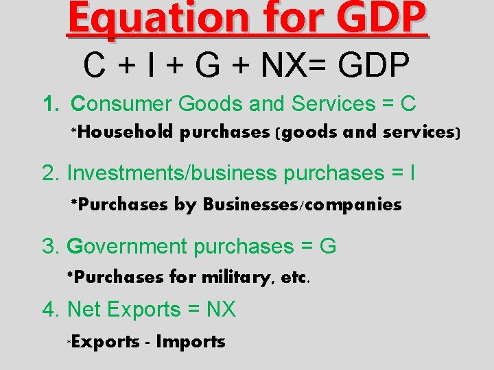Equation for GDP C + I + G + NX= GDP 1. Consumer Goods