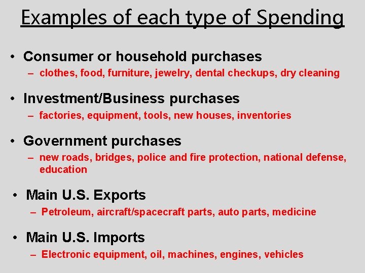 Examples of each type of Spending • Consumer or household purchases – clothes, food,
