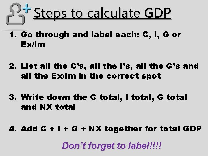 Steps to calculate GDP 1. Go through and label each: C, I, G or