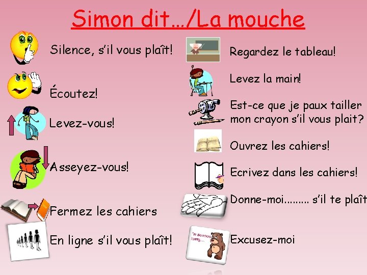 Simon dit…/La mouche Silence, s’il vous plaît! Écoutez! Levez-vous! Regardez le tableau! Levez la