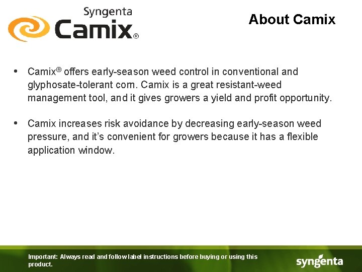 About Camix • Camix® offers early-season weed control in conventional and glyphosate-tolerant corn. Camix