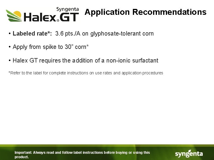 Application Recommendations • Labeled rate*: 3. 6 pts. /A on glyphosate-tolerant corn • Apply