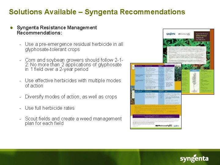 Solutions Available – Syngenta Recommendations ● Syngenta Resistance Management Recommendations: - Use a pre-emergence
