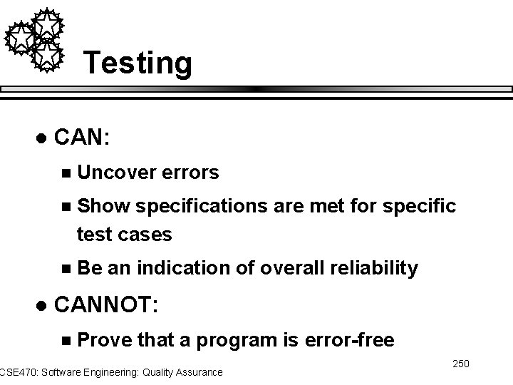 Testing l l CAN: n Uncover errors n Show specifications are met for specific