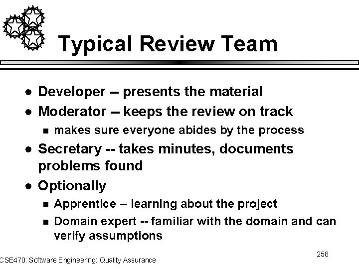 Typical Review Team l l Developer -- presents the material Moderator -- keeps the