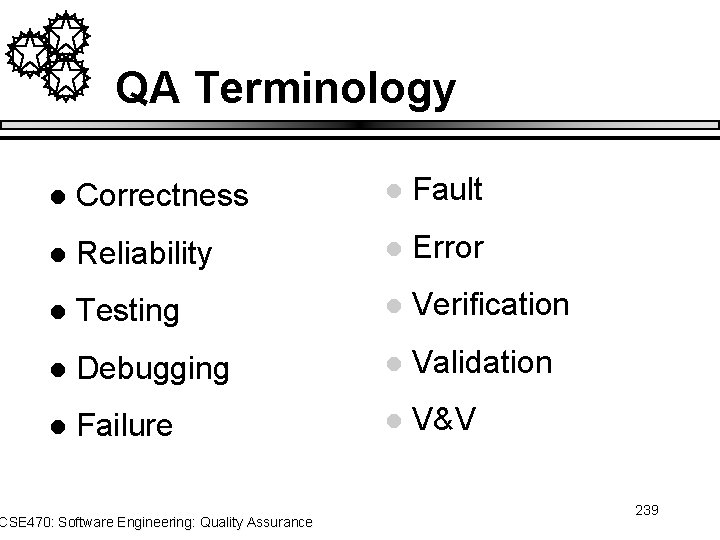 QA Terminology l Correctness l Fault l Reliability l Error l Testing l Verification