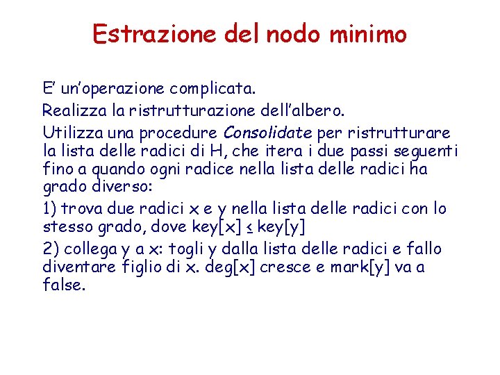 Estrazione del nodo minimo E’ un’operazione complicata. Realizza la ristrutturazione dell’albero. Utilizza una procedure