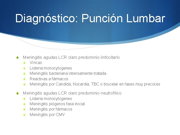 Diagnóstico: Punción Lumbar S Meningitis agudas LCR claro predominio linfocitario S S S Víricas