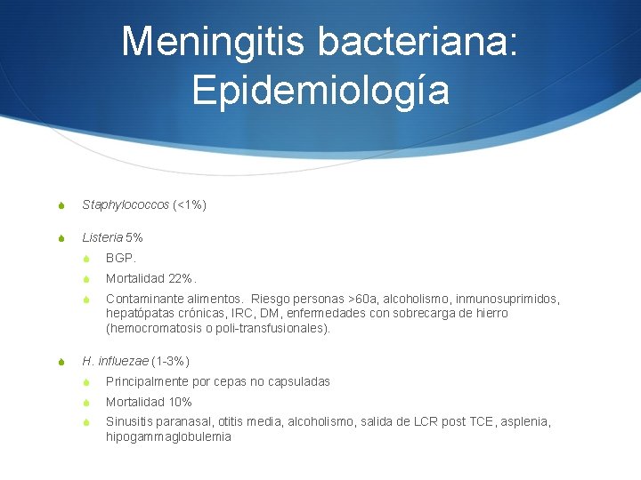 Meningitis bacteriana: Epidemiología S Staphylococcos (<1%) S Listeria 5% S S BGP. S Mortalidad