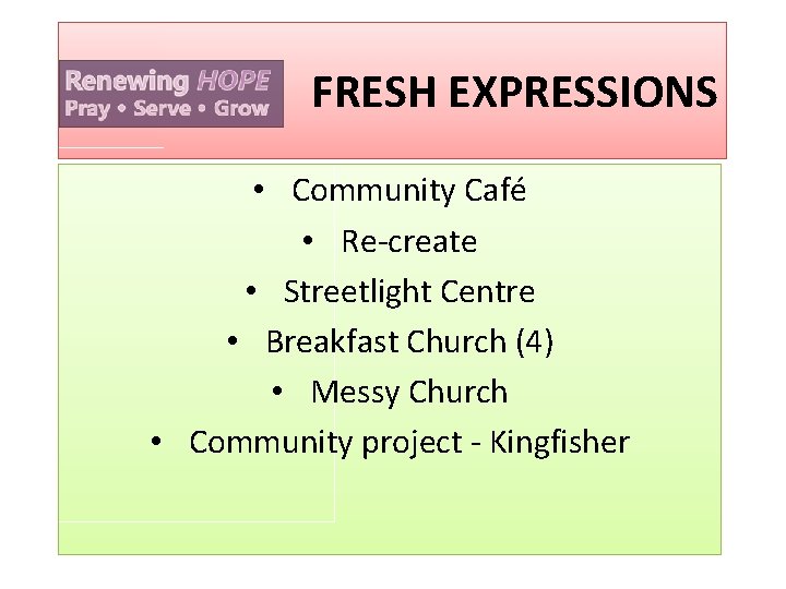 FRESH EXPRESSIONS • Community Café • Re-create • Streetlight Centre • Breakfast Church (4)