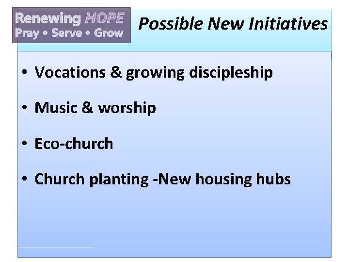 Possible New Initiatives • Vocations & growing discipleship • Music & worship • Eco-church