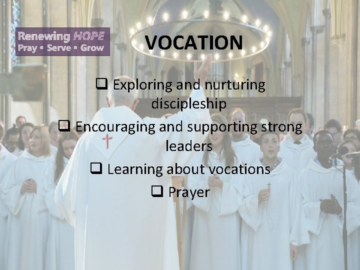 VOCATION q Exploring and nurturing discipleship q Encouraging and supporting strong leaders q Learning