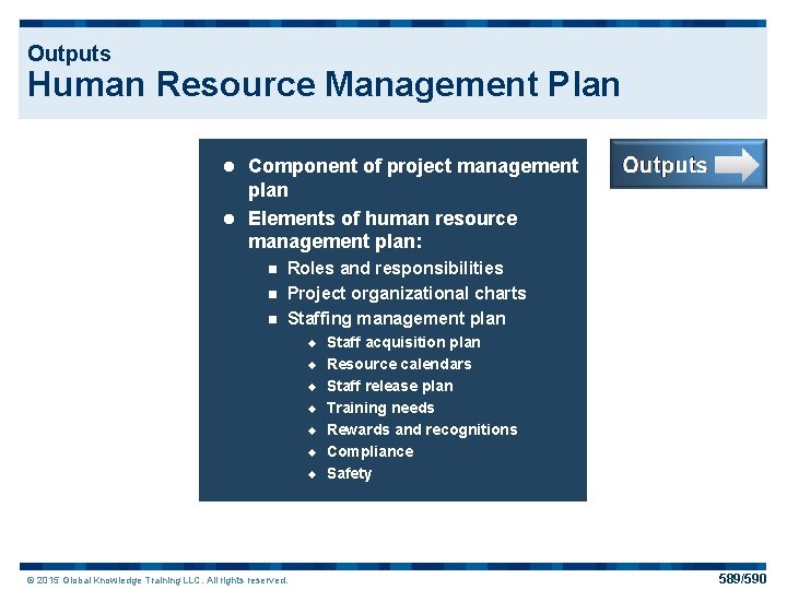 Outputs Human Resource Management Plan Component of project management plan l Elements of human