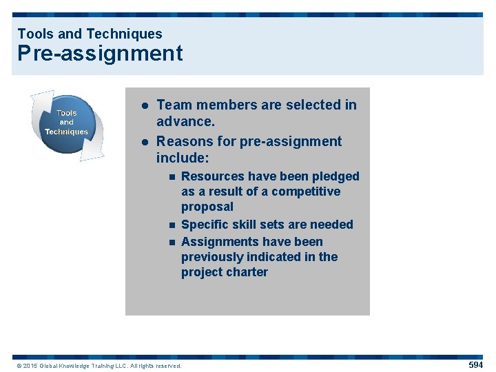 Tools and Techniques Pre-assignment Team members are selected in advance. l Reasons for pre-assignment