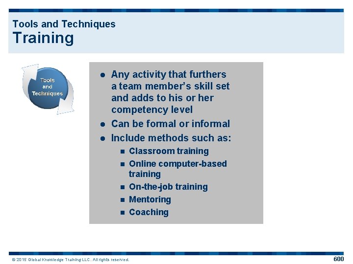 Tools and Techniques Training Any activity that furthers a team member’s skill set and