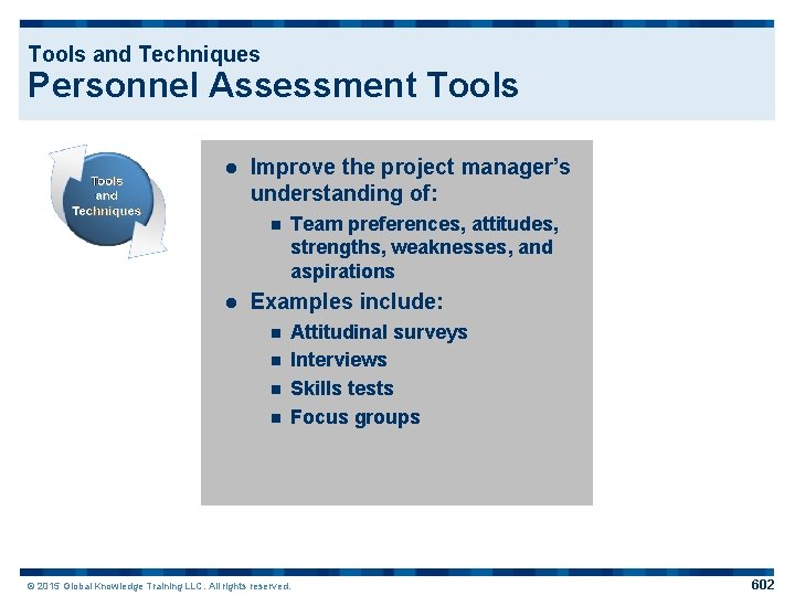 Tools and Techniques Personnel Assessment Tools l Improve the project manager’s understanding of: n