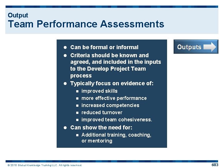 Output Team Performance Assessments Can be formal or informal l Criteria should be known