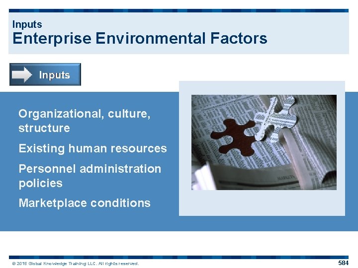 Inputs Enterprise Environmental Factors Organizational, culture, structure Existing human resources Personnel administration policies Marketplace