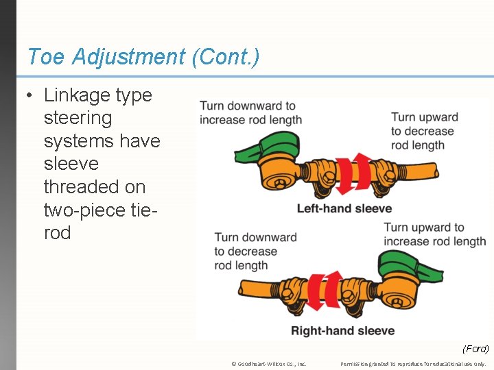 Toe Adjustment (Cont. ) • Linkage type steering systems have sleeve threaded on two-piece