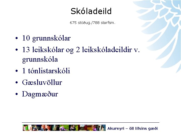 Skóladeild 675 stöðug. /788 starfsm. • 10 grunnskólar • 13 leikskólar og 2 leikskóladeildir