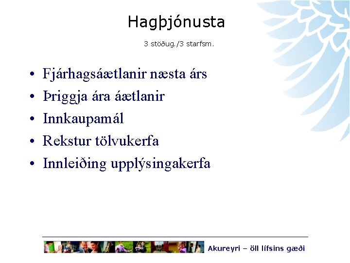 Hagþjónusta 3 stöðug. /3 starfsm. • • • Fjárhagsáætlanir næsta árs Þriggja ára áætlanir