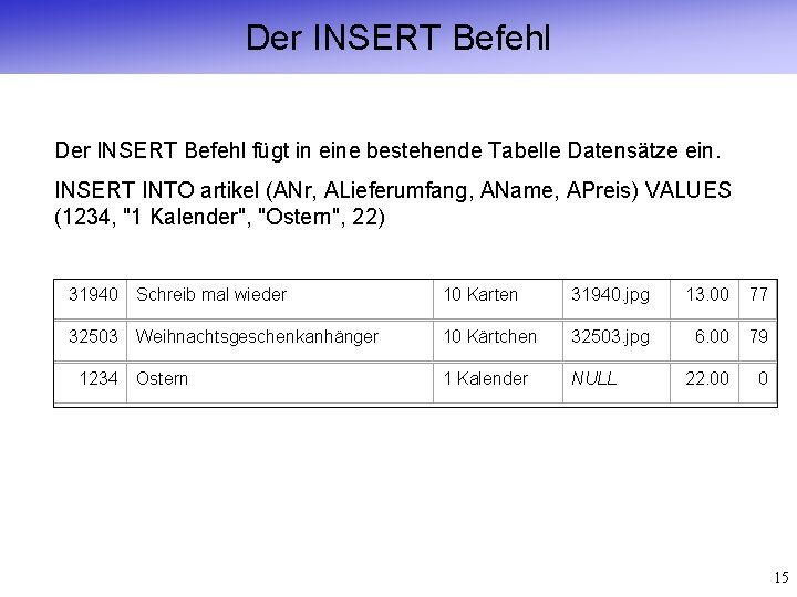 Der INSERT Befehl fügt in eine bestehende Tabelle Datensätze ein. INSERT INTO artikel (ANr,