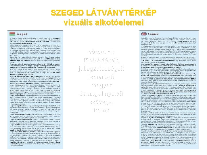 SZEGED LÁTVÁNYTÉRKÉP vizuális alkotóelemei városunk főbb értékeit, jellegzetességeit ismertető magyar és angol nyelvű szöveget