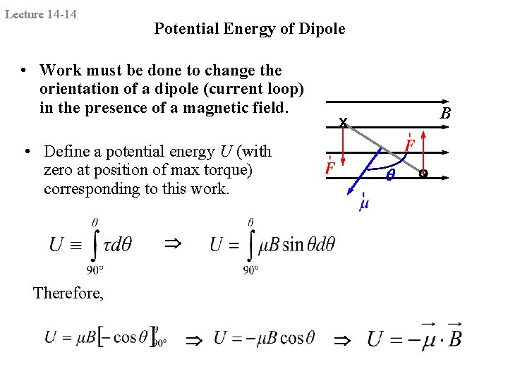 Lecture 14 -14 Potential Energy of Dipole • Work must be done to change