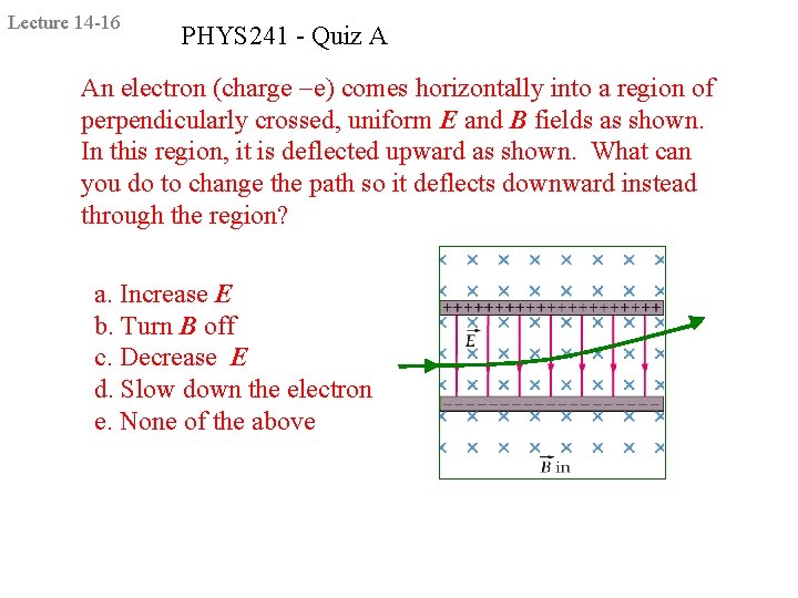 Lecture 14 -16 PHYS 241 - Quiz A An electron (charge e) comes horizontally