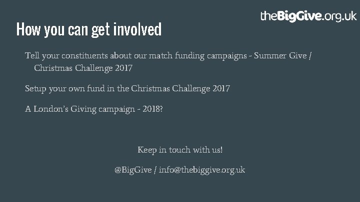 How you can get involved Tell your constituents about our match funding campaigns -