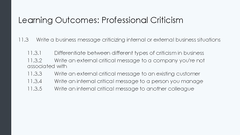 Learning Outcomes: Professional Criticism 11. 3 Write a business message criticizing internal or external