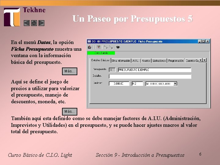 Un Paseo por Presupuestos 5 En el menú Datos, la opción Ficha Presupuesto muestra