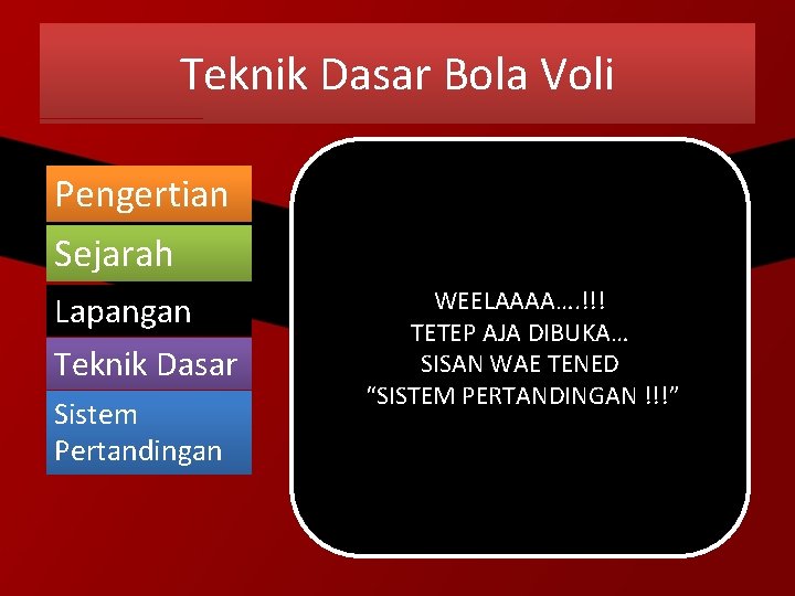 Teknik Dasar Bola Voli Pengertian Sejarah Lapangan Teknik Dasar Sistem Pertandingan WEELAAAA…. !!! TETEP