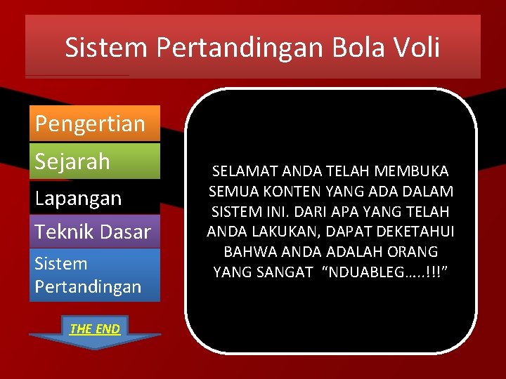 Sistem Pertandingan Bola Voli Pengertian Sejarah Lapangan Teknik Dasar Sistem Pertandingan THE END SELAMAT