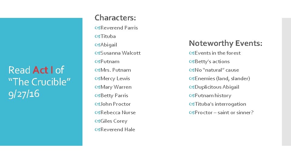Characters: Read Act I of “The Crucible” 9/27/16 Reverend Parris Tituba Abigail Susanna Walcott