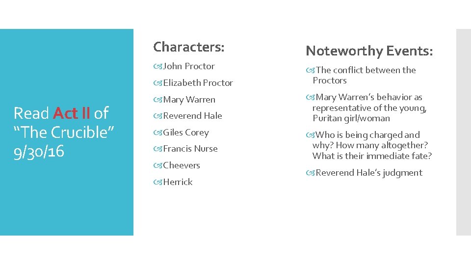 Characters: Noteworthy Events: John Proctor The conflict between the Proctors Elizabeth Proctor Read Act