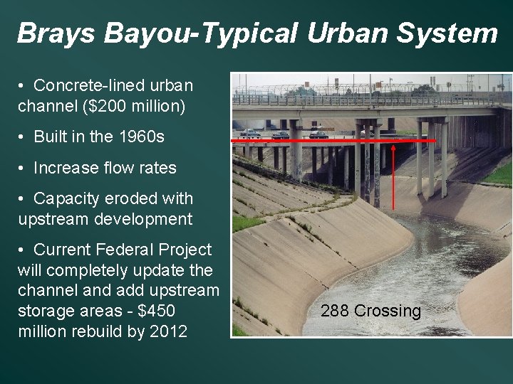 Brays Bayou-Typical Urban System • Concrete-lined urban channel ($200 million) • Built in the
