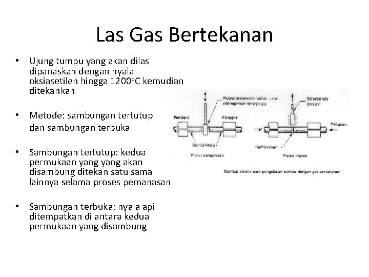 Las Gas Bertekanan • Ujung tumpu yang akan dilas dipanaskan dengan nyala oksiasetilen hingga