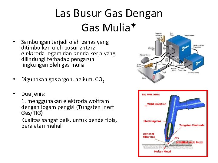 Las Busur Gas Dengan Gas Mulia* • Sambungan terjadi oleh panas yang ditimbulkan oleh