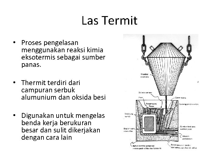 Las Termit • Proses pengelasan menggunakan reaksi kimia eksotermis sebagai sumber panas. • Thermit