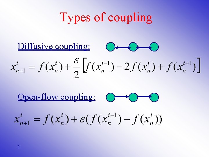 Types of coupling Diffusive coupling: Open-flow coupling: 5 